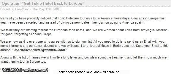 deci,fanii din europa au inceput o actie.dupa cuvintele lui tom kaulitz,el ii iubeste pe fanii sai